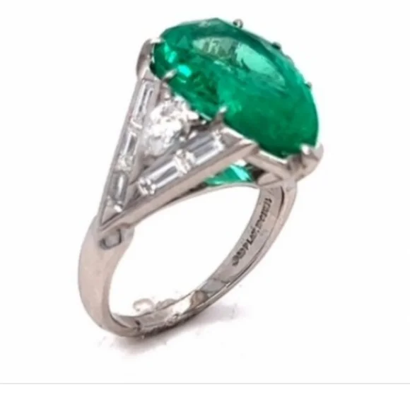 Colombian Emerald 6.33 Carat Pear Shape Extremely Rare Brilliant Diamond Ring - Picture 2 of 6